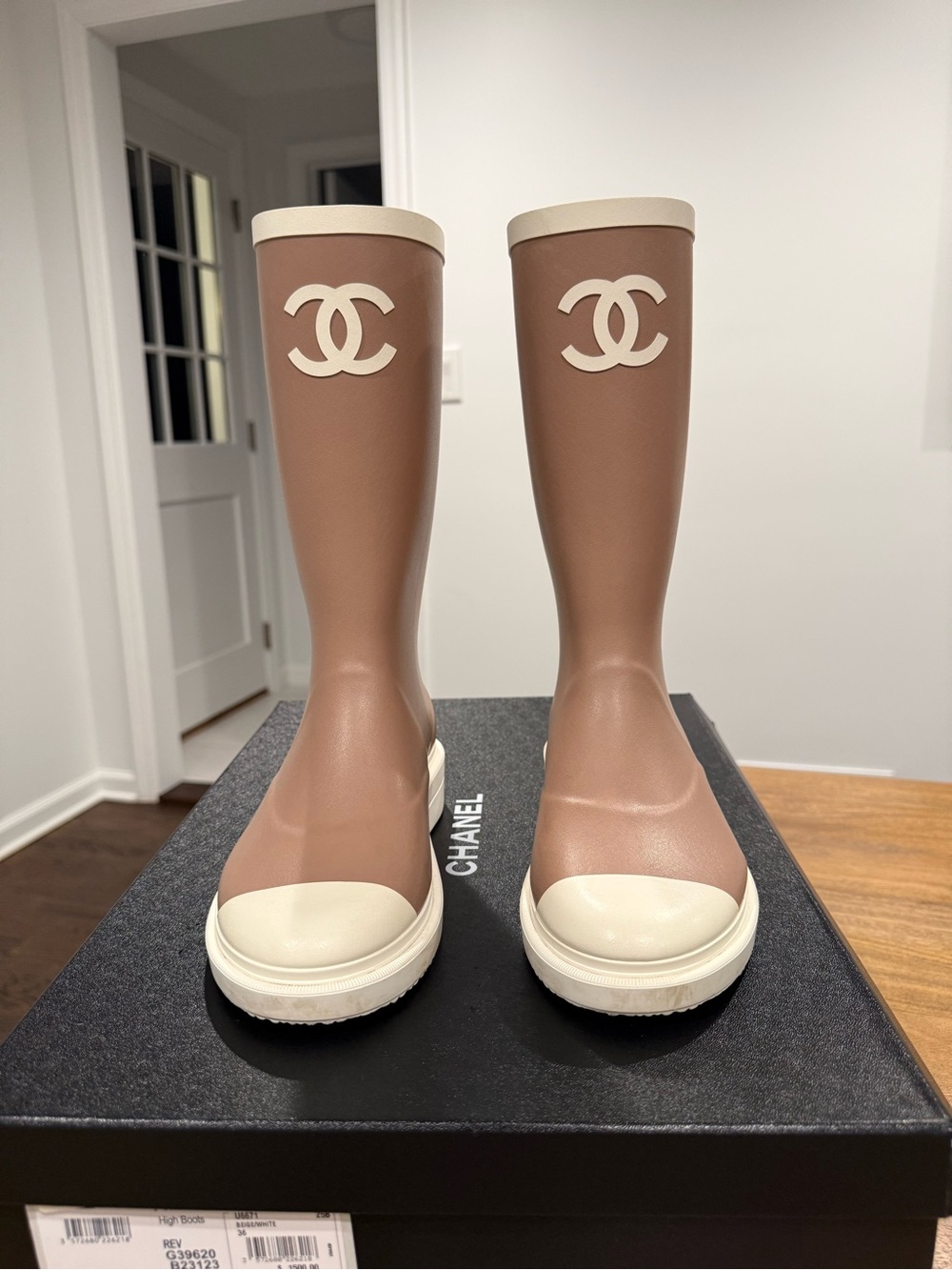 CHANEL Beige and Cream Rubber Knee-High Rain Boots with CC Logo